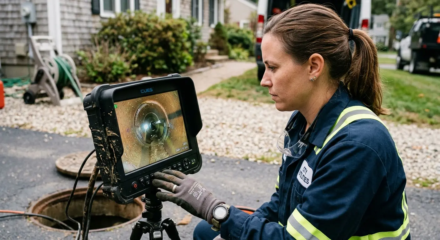 Technician reviewing sewer camera inspection footage in Cortez