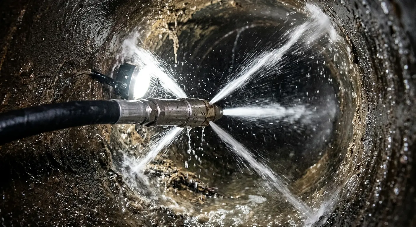 High-pressure hydro jetting nozzle cleaning sewer pipe for Sewer Cleanout in Cortez