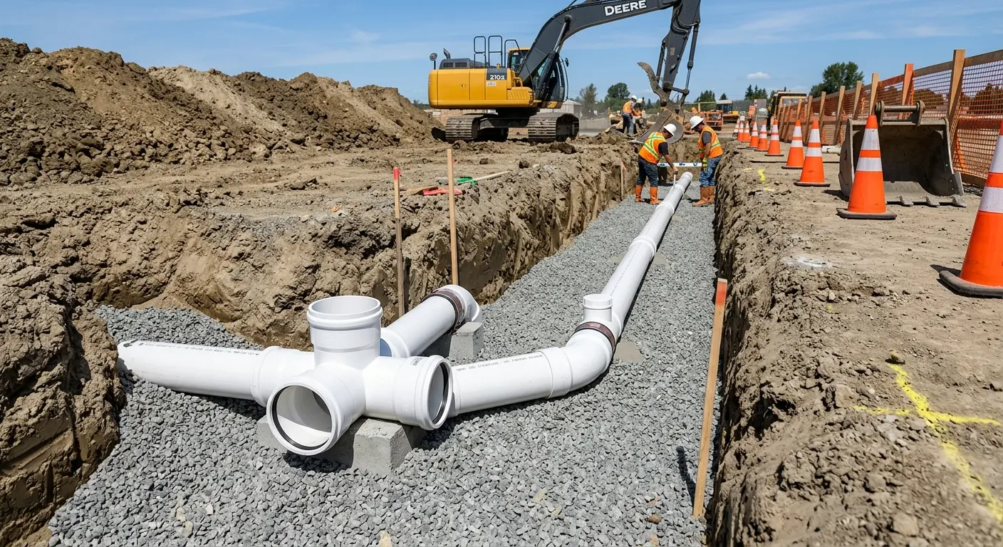 New PVC sewer pipe installation in open trench for Commercial Drain Cleaning in Cortez