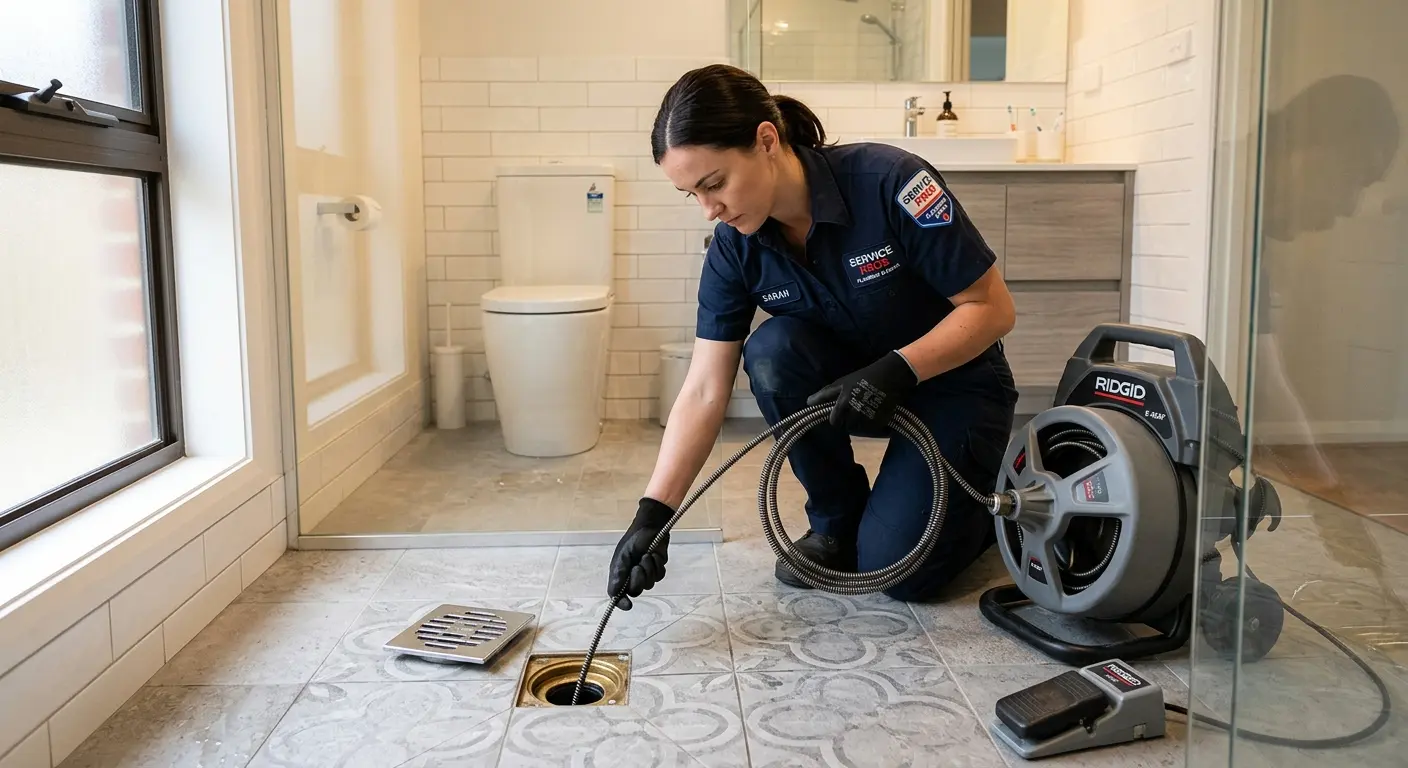 Technician clearing a bathroom floor drain for Sewer Line Replacement in Cortez